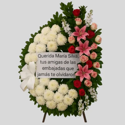 Corona asimétrica floral con lirios rosados, rosas rojas y crisantemos blancos, diseño vertical montado en trípode con cinta blanca personalizada y moño satinado. Arreglo fúnebre elegante para condolencias.