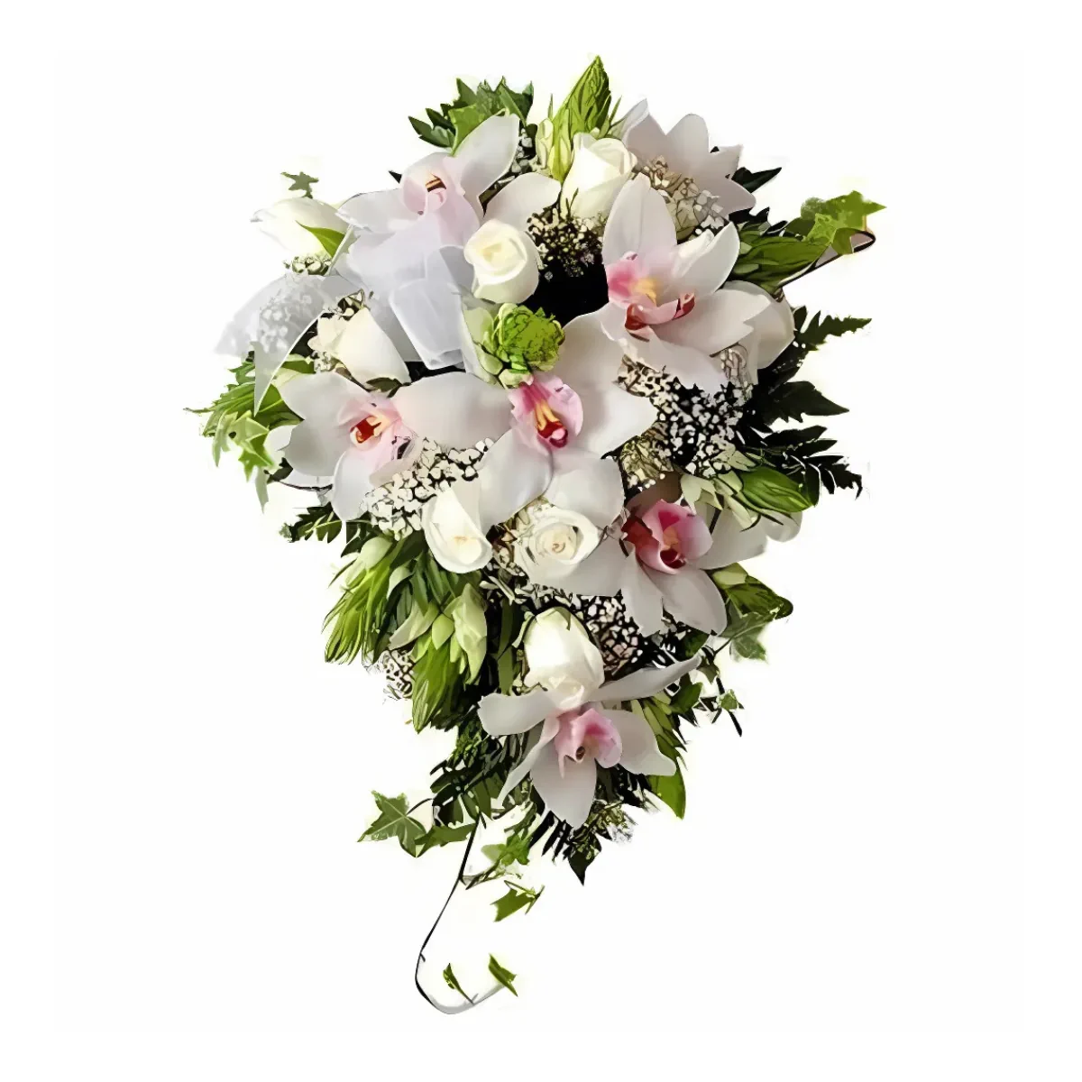 rreglo floral en cascada con rosas blancas, orquídeas con centro rosado, follaje verde y caída de hiedra. Ideal para decoración elegante y fresca.