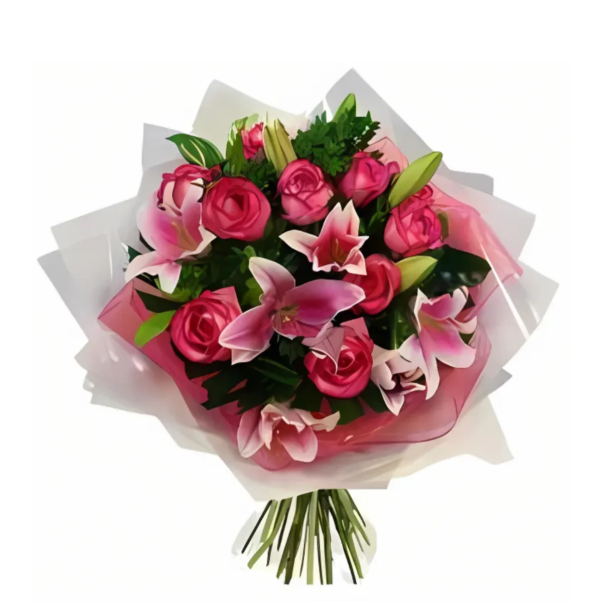 Ramo rosado con lirios y rosas frescas, envuelto en papel blanco y rosa con follaje verde. Ideal para celebraciones y regalos delicados.