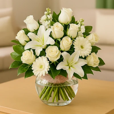 Arreglo Blanco Sereno con rosas blancas, lirios, flores de stock y follaje verde en base de vidrio con agua, sobre mesa clara con fondo de living. Composición armónica, elegante y fresca.