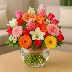 Arreglo Multicolor Vivo con gerberas, rosas, lirios y crisantemos en tonos vibrantes, follaje verde y base de mimbre, sobre mesa clara con fondo de living. Composición exuberante, decorativa y equilibrada.