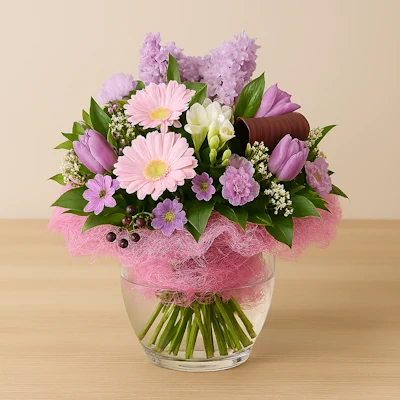 Arreglo Rosa Pastel con gerberas rosadas, tulipanes púrpura, lirios blancos, flores lilas y follaje verde en base burdeos con cinta satinada, sobre mesa clara y fondo beige. Composición equilibrada, decorativa y elegante.