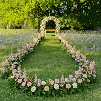 Camino floral nupcial con alfombra de césped, arreglos rosados y blancos, sillas transparentes, arco de flores y mesa rústica en entorno natural. Montaje escenográfico para bodas al aire libre.