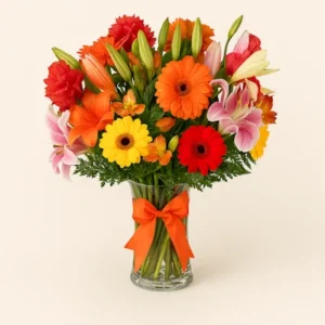 Arreglo Floral Jardín Vibrante con gerberas rojas y amarillas, lirios naranjas y rosados, claveles rojos y alstroemerias en jarrón de vidrio con lazo satinado, sobre fondo claro. Composición colorida, equilibrada y elegante.