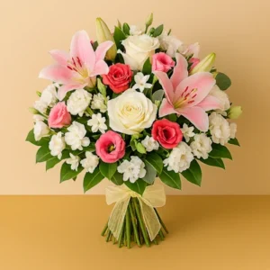 Ramo Amor Clásico con lirios rosados, rosas blancas y rojas, lisianthus pálidos, follaje verde brillante y tallos agrupados, sobre fondo beige y superficie clara. Composición redondeada, romántica y armoniosa.