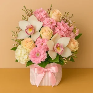 Ramo Aniversario Rosado con orquídeas blancas, rosas durazno, hortensias, stock rosado, wax flowers, follaje verde, envoltura a rayas rosa y blanca, y lazo satinado rosado, sobre fondo beige y mesa clara. Composición envolvente, delicada y armoniosa.