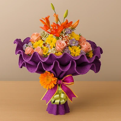 Ramo Color Vital con lirios naranjas, rosas rosadas, margaritas amarillas, gypsophila blanca, follaje verde, envoltura púrpura y lazo verde, sobre fondo claro. Composición circular, vibrante y equilibrada.