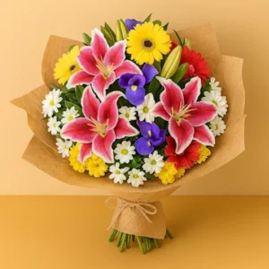 Ramo Cumpleaños Color con lirios Stargazer, margaritas amarillas, crisantemos blancos, lisianthus púrpura, rosas rojas, follaje verde y envoltura kraft, sobre fondo beige y mesa clara. Composición envolvente, vibrante y armoniosa.