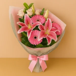 Ramo Cumpleaños Rosa con lirios Stargazer, gerberas rosadas, rosas suaves, follaje verde, envoltura rosa pastel y malla decorativa, lazo satinado rosa, sobre fondo beige y mesa clara. Composición vertical, alegre y armoniosa.