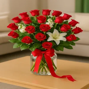Ramo Enamorados Rojos con dos docenas de rosas rojas, follaje verde, tallos visibles en base de vidrio con agua y lazo rojo, sobre mesa clara con fondo de living. Composición romántica, intensa y elegante.