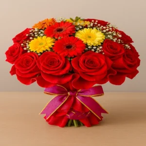 Ramo Fiesta Floral con gerberas rojas y amarillas, crisantemos dorados, rosas coralinas, gypsophila blanca, follaje verde, moño magenta y dorado, y envoltura texturizada roja, sobre fondo claro. Composición alegre, envolvente y vibrante.
