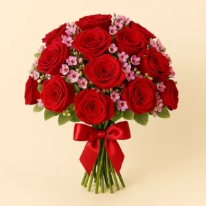 Ramo Rosas Intensas con rosas rojas en forma de cúpula, flores lavanda, follaje verde, tallos visibles y moño satinado rojo, sobre fondo claro. Composición compacta, elegante y vibrante.