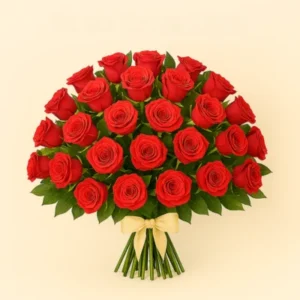 Ramo Rosas Rojas con flores aterciopeladas en forma de cúpula, follaje verde, tallos visibles y lazo decorativo, sobre fondo claro. Composición simétrica, intensa y elegante.