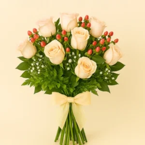 Ramo Rosas Suaves con rosas crema, bayas rojas, follaje verde, tallos visibles y moño de organza amarillo, sobre fondo claro. Composición redondeada, cálida y elegante.
