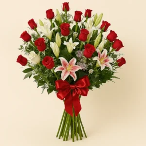 Ramo Rosas y Lirios con flores rojas, lirios blancos y rosados, follaje verde, tallos visibles y moño rojo satinado, sobre fondo claro. Composición vertical, elegante y armoniosa.