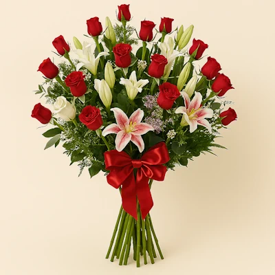 Ramo Rosas y Lirios con flores rojas, lirios blancos y rosados, follaje verde, tallos visibles y moño rojo satinado, sobre fondo claro. Composición vertical, elegante y armoniosa.